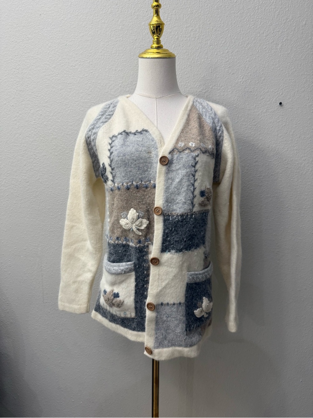 Vintage Ellen Classic Knits Patchwork Sweater Cardigan RARE HTF Lambswool